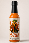 Captain Habanero hot sauce bottle with a colorful label on a beige background