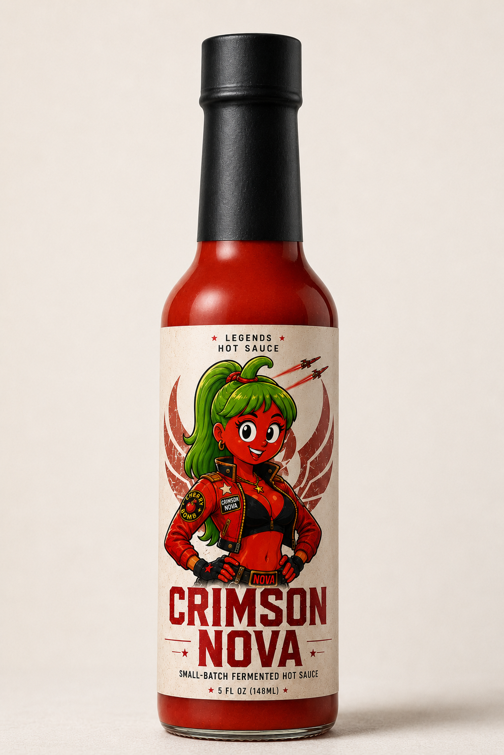 Bottle of Crimson Nova hot sauce with a colorful label on a beige background