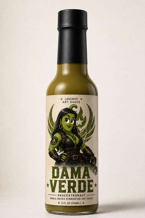 Bottle of Dama Verde hot sauce with a label featuring a graphic design on a beige background