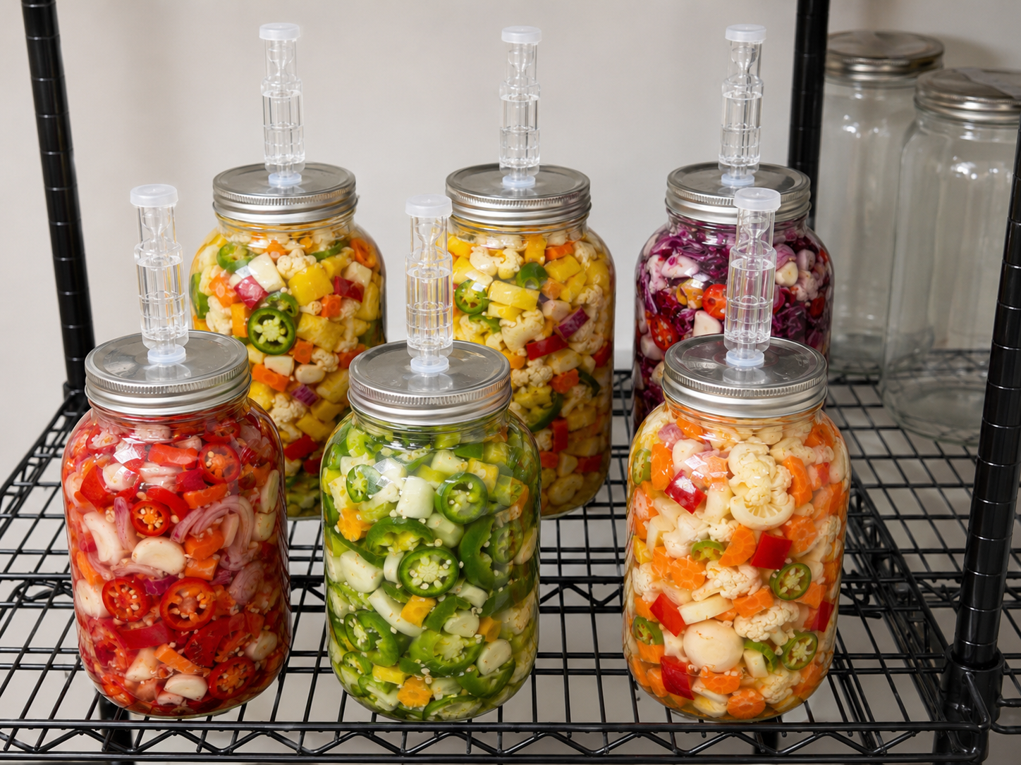 Jars of pickled vegetables on a cooling rack