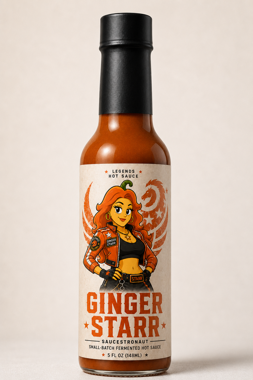 Ginger Starr hot sauce bottle with a character illustration on the label against a beige background