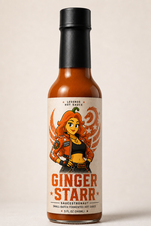 Ginger Starr hot sauce bottle with a character illustration on the label against a beige background