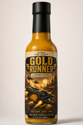 Gold Runner hot sauce bottle with a detailed label on a light beige background