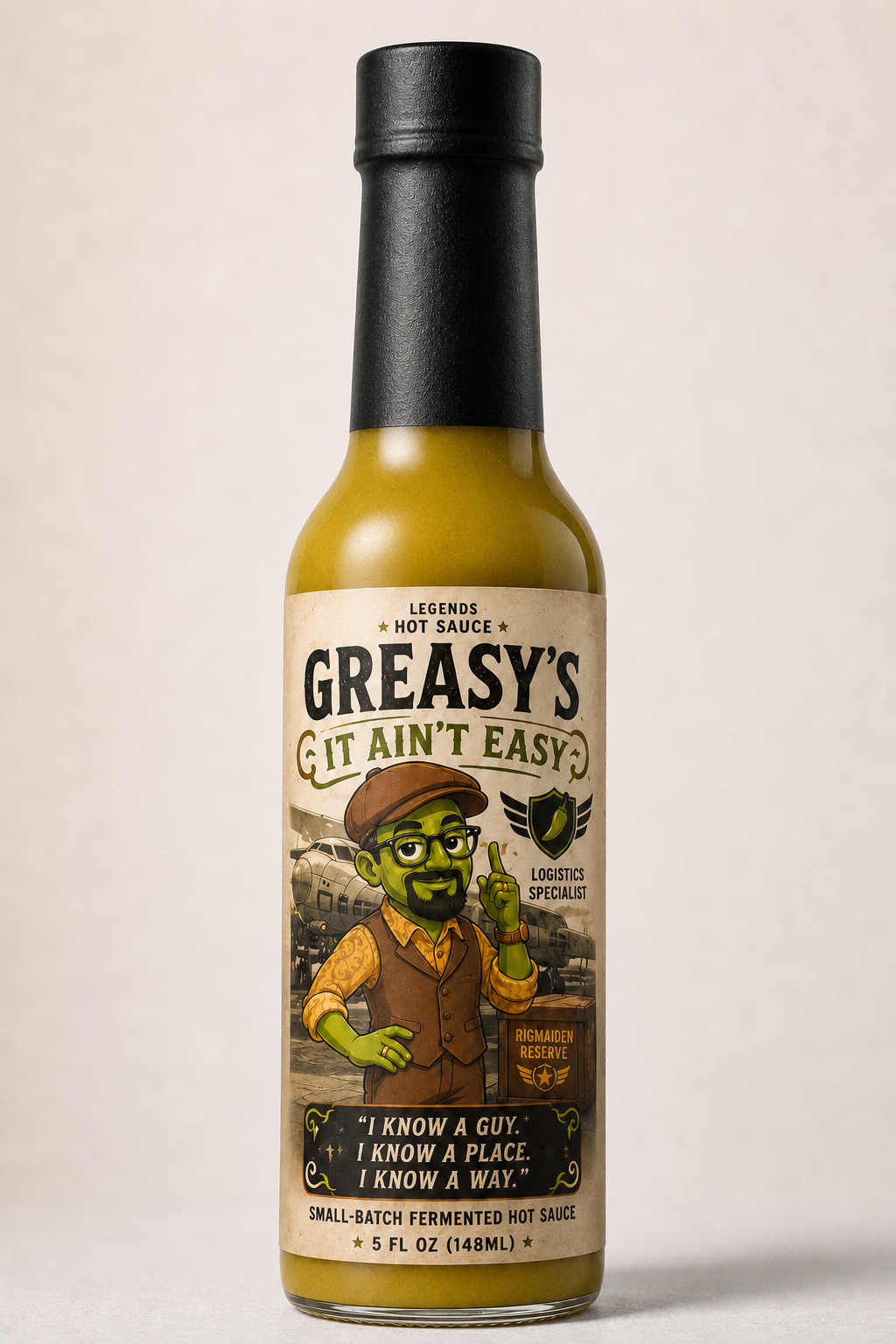 Bottle of Greasy's hot sauce with a label featuring a cartoon character on a beige background