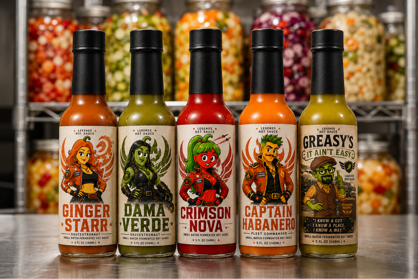 Five hot sauce bottles with colorful labels on a metal surface.