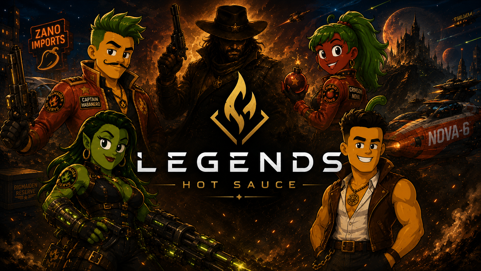 Promotional graphic for 'Legends Hot Sauce' featuring animated characters and branding elements.