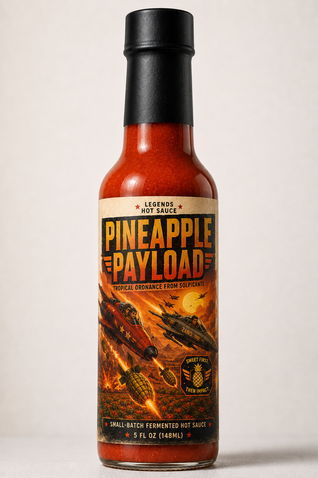 Bottle of Pineapple Payload hot sauce with a black cap on a light background