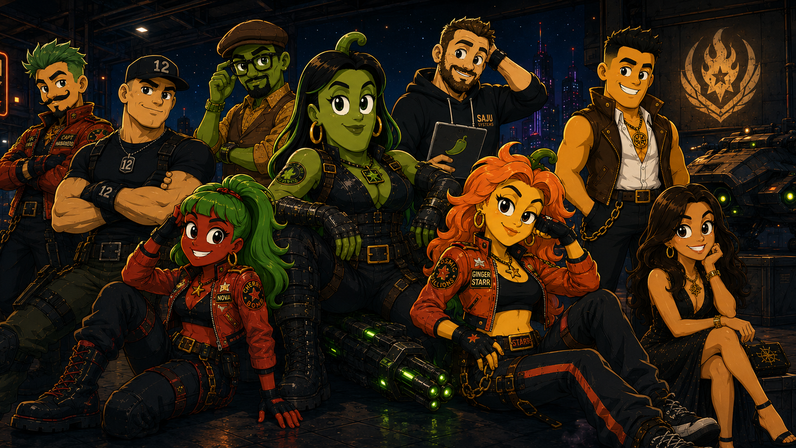 Group of Legends animated characters in a dark, indoor setting with neon signs and a bar.